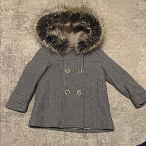 Gray Kids Coat with Faux Fur Trim
